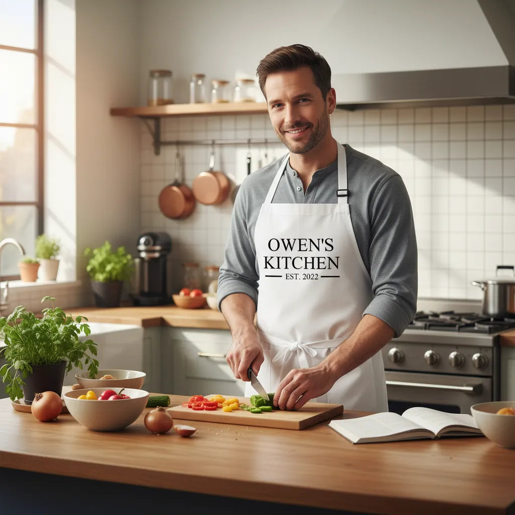Man in a kitchen wearing an 'Owen's Kitchen' apron, preparing food.