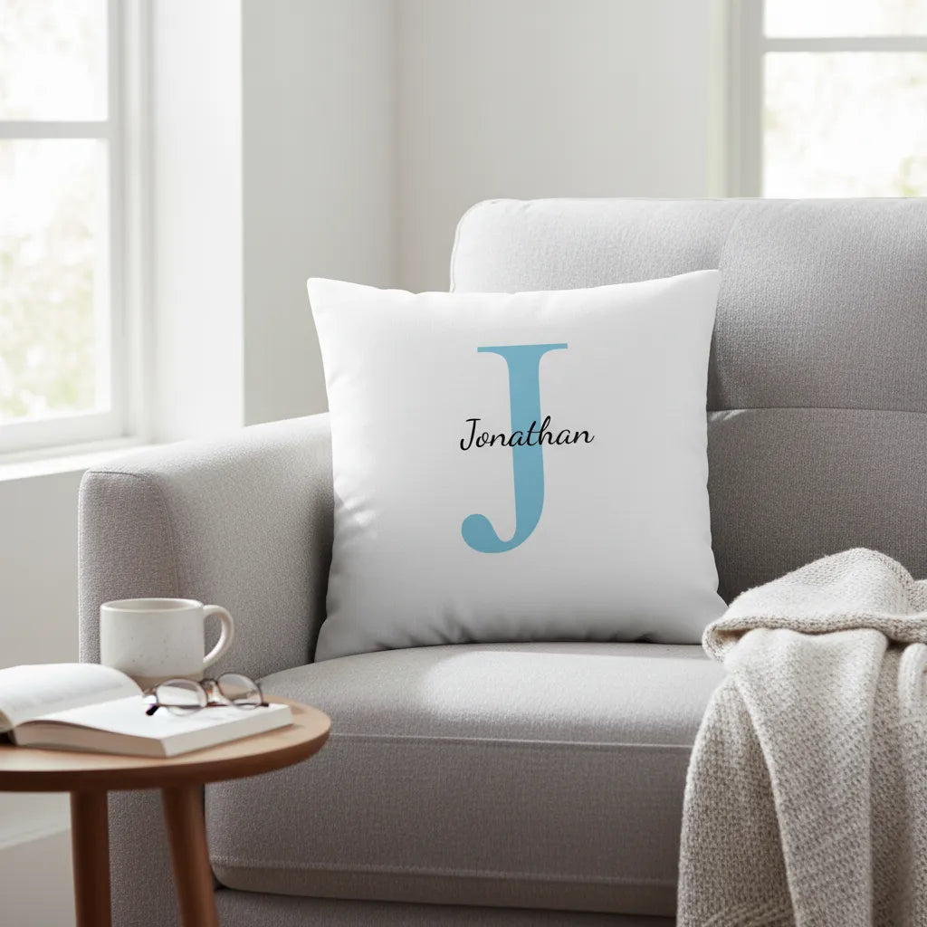 White pillow with a blue letter 'J' and name on a gray couch in a living room.