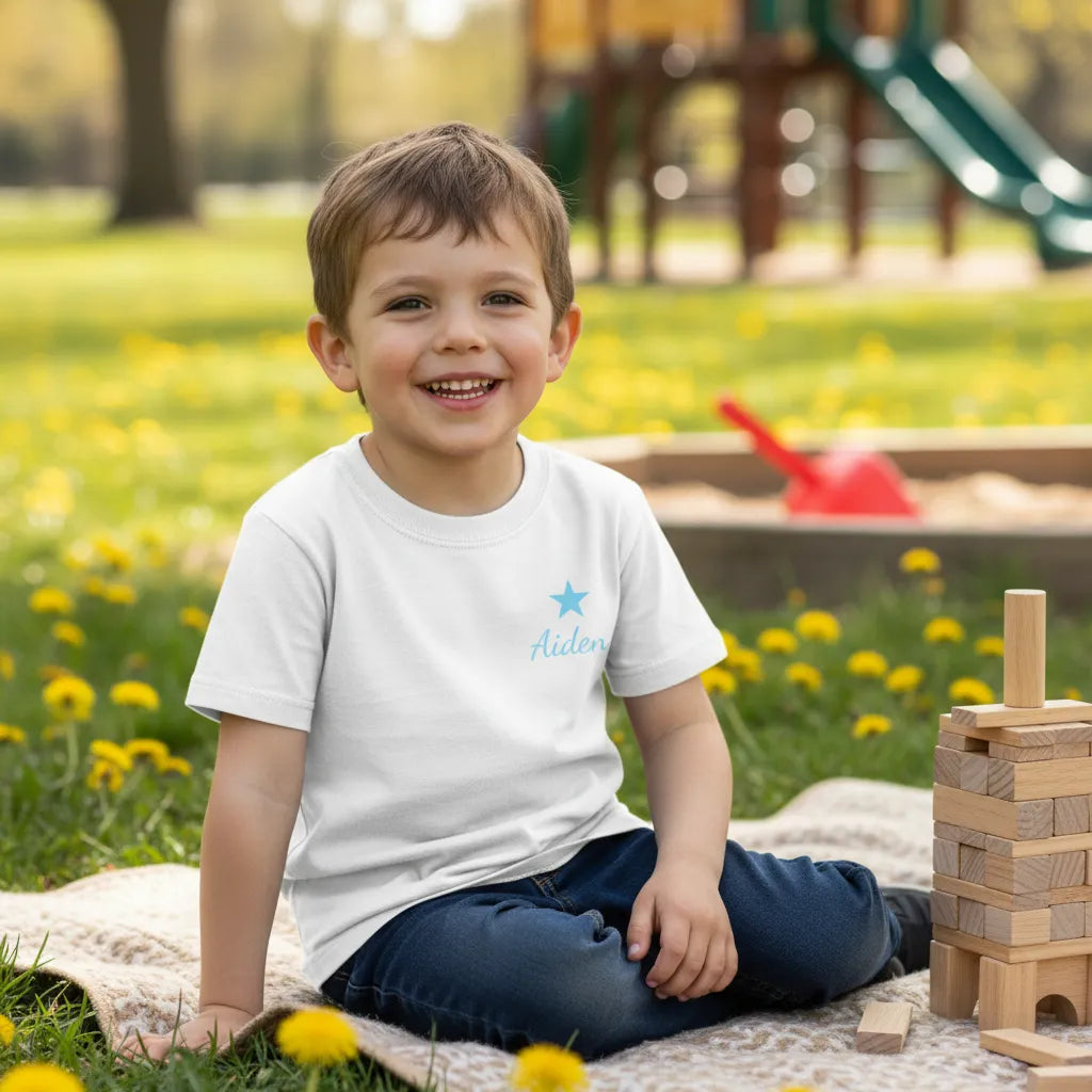 Child sitting on a blanket in a park with wooden blocks, wearing a white t-shirt with a logo.