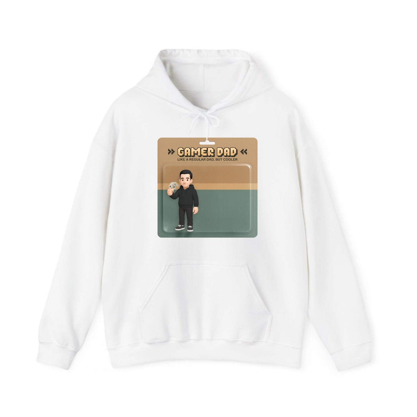 White hoodie with a graphic of 'Gamer Dad' on a white background