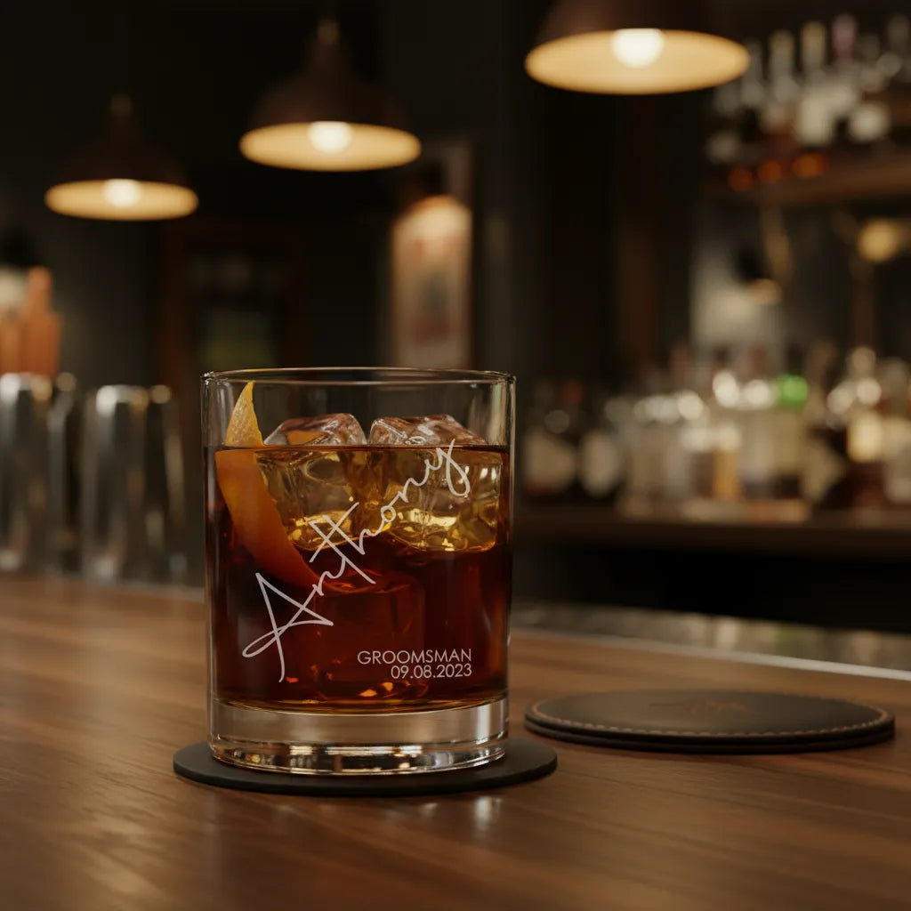 Glass of whiskey with ice on a bar counter, personalized with 'GROOMSMAN' text.
