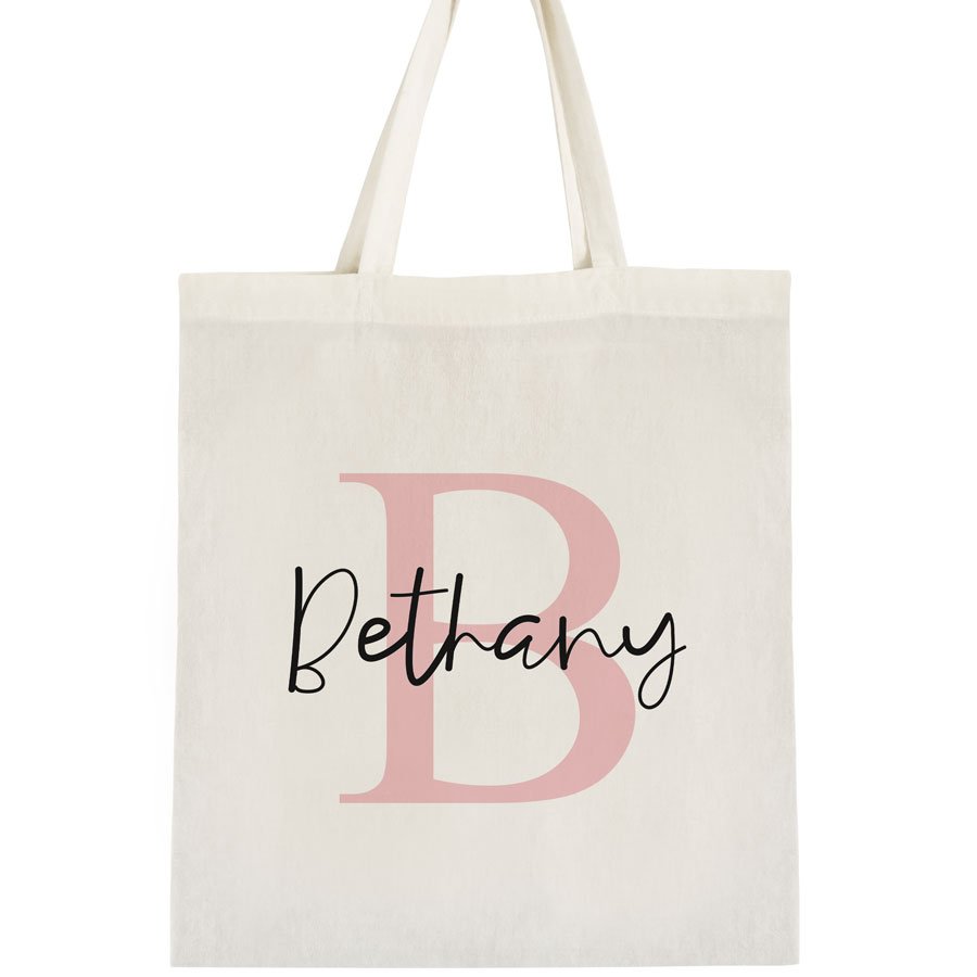 Tote bag with 'B' and 'Bethany' text on a white background