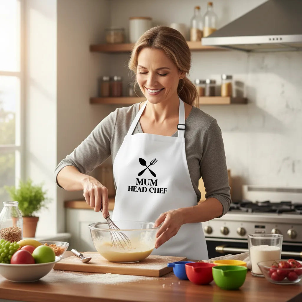 Woman in a kitchen wearing a 'Mum Head Chef' apron, preparing food.