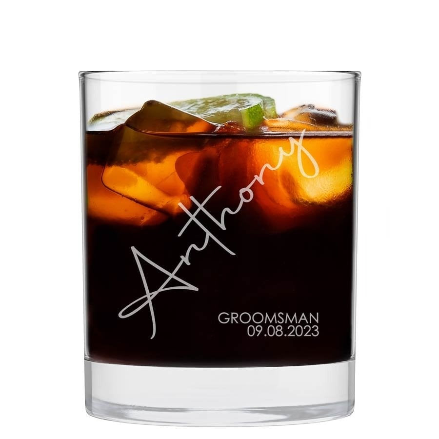 Clear glass with iced drink and personalized text on a white background