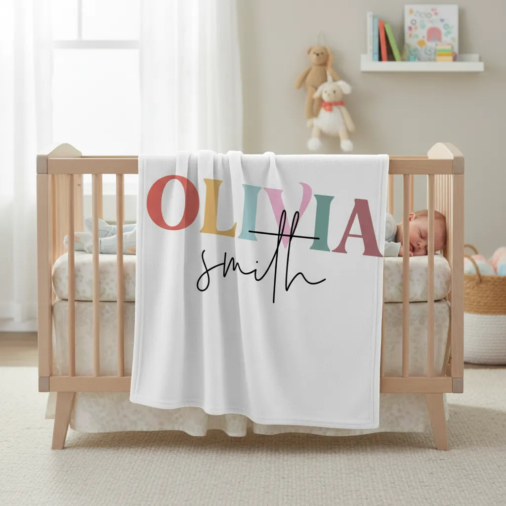 Baby crib with a personalized name blanket in a nursery setting