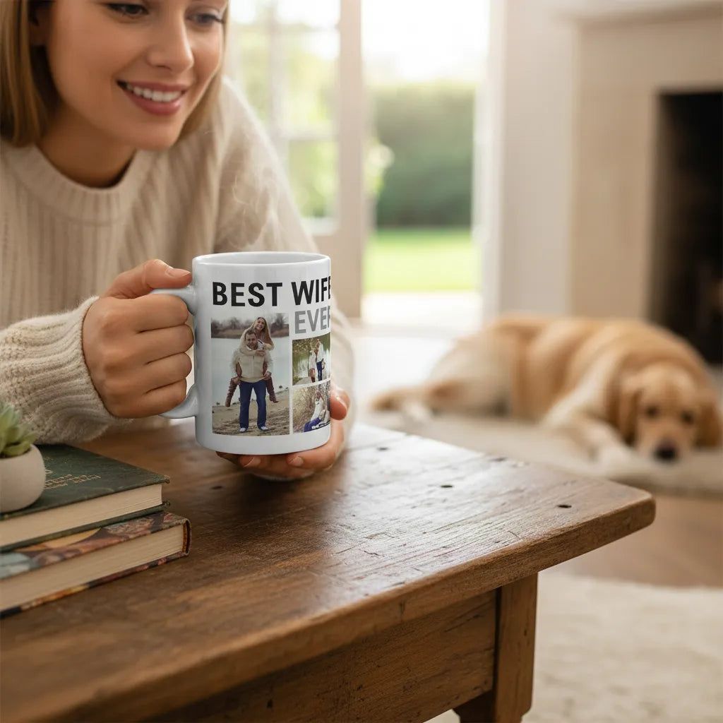 Woman holding a mug with 'Best Wife Ever' text and photo collage, dog lying on floor in background