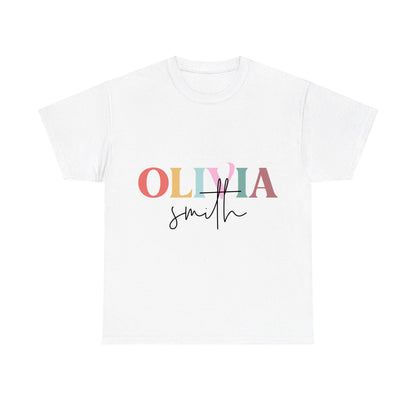 White t-shirt with 'OLIVIA SMITH' printed on it against a white background