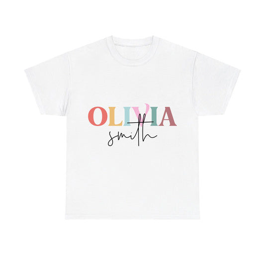 White t-shirt with 'OLIVIA SMITH' printed on it against a white background