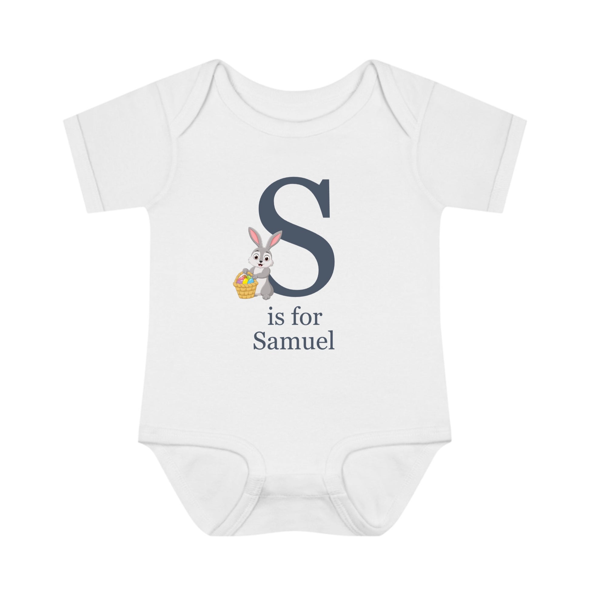 White baby onesie with a bunny design and text on a white background