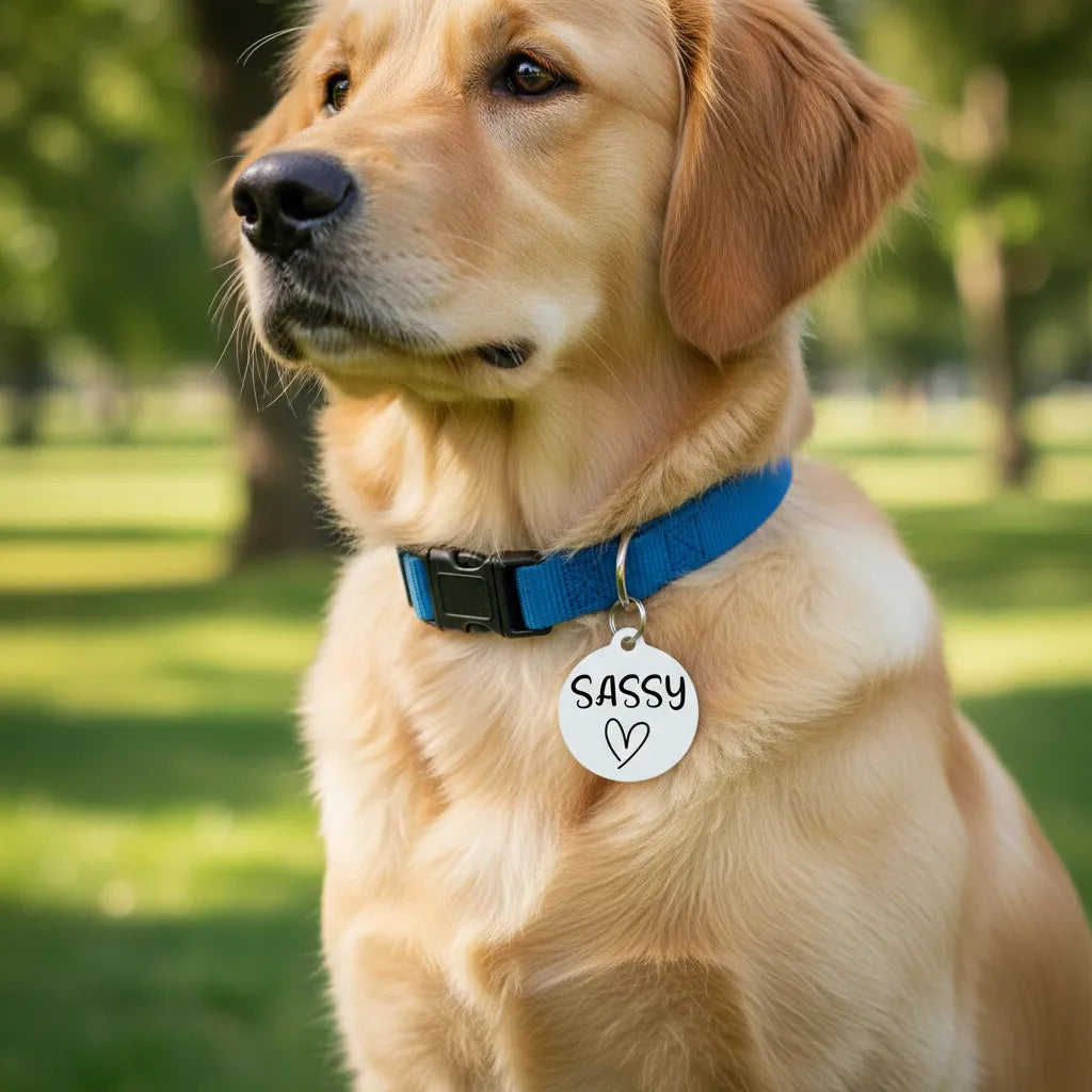 Dog wearing a blue collar with a 'Sassy' tag in a park setting