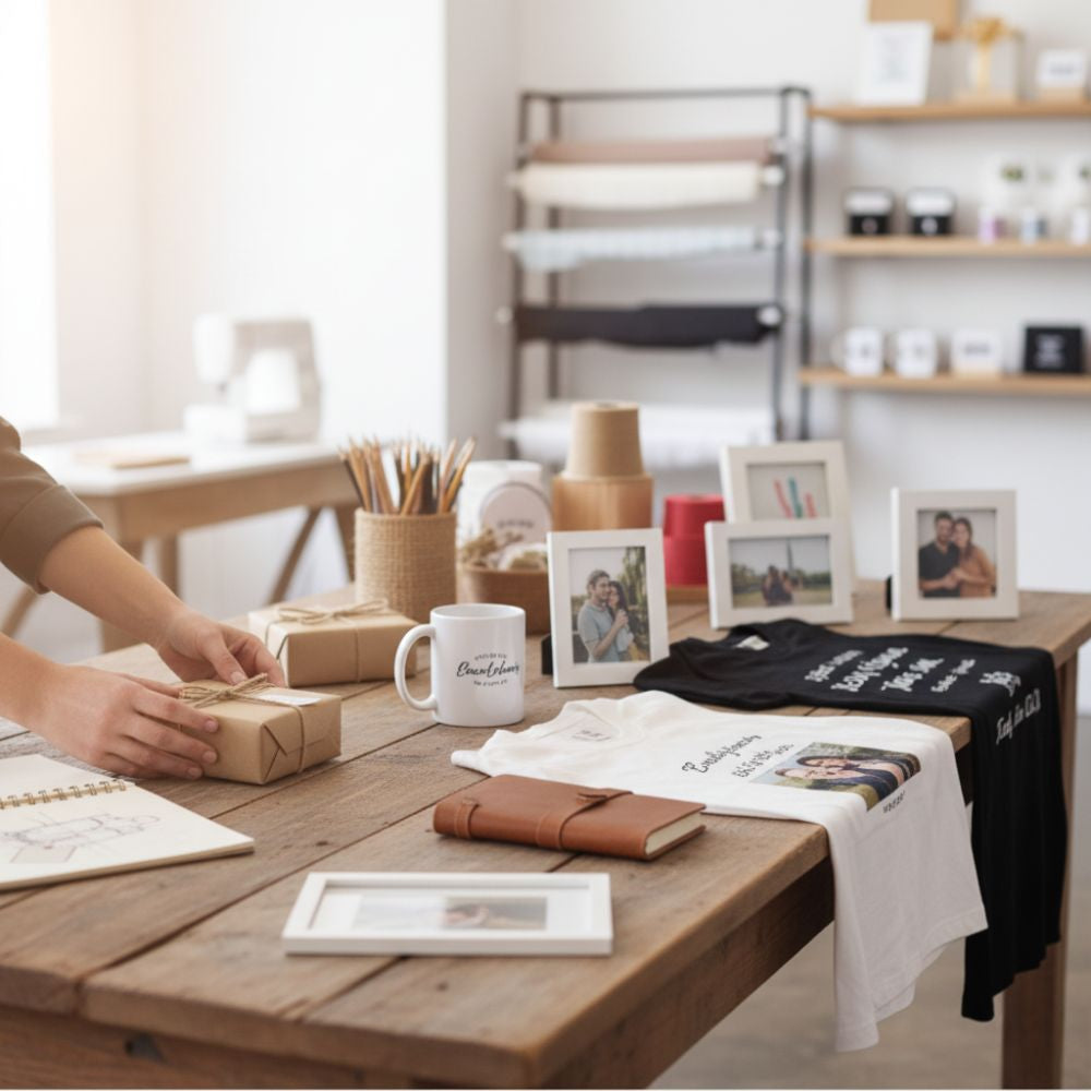 Workspace table displaying personalized gifts including photo frames, monogram mugs, custom T-shirts, and wrapped gift boxes, with a person tying a ribbon on a package.