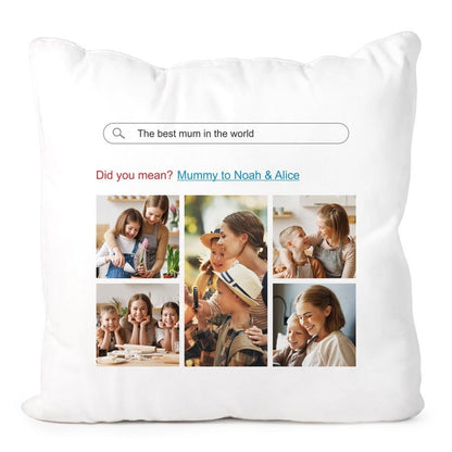 White pillow with a collage of photos of a woman and children, featuring a search bar and suggested text.