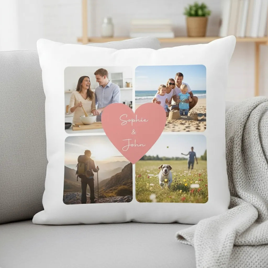 Personalized photo pillow with family memories on a couch