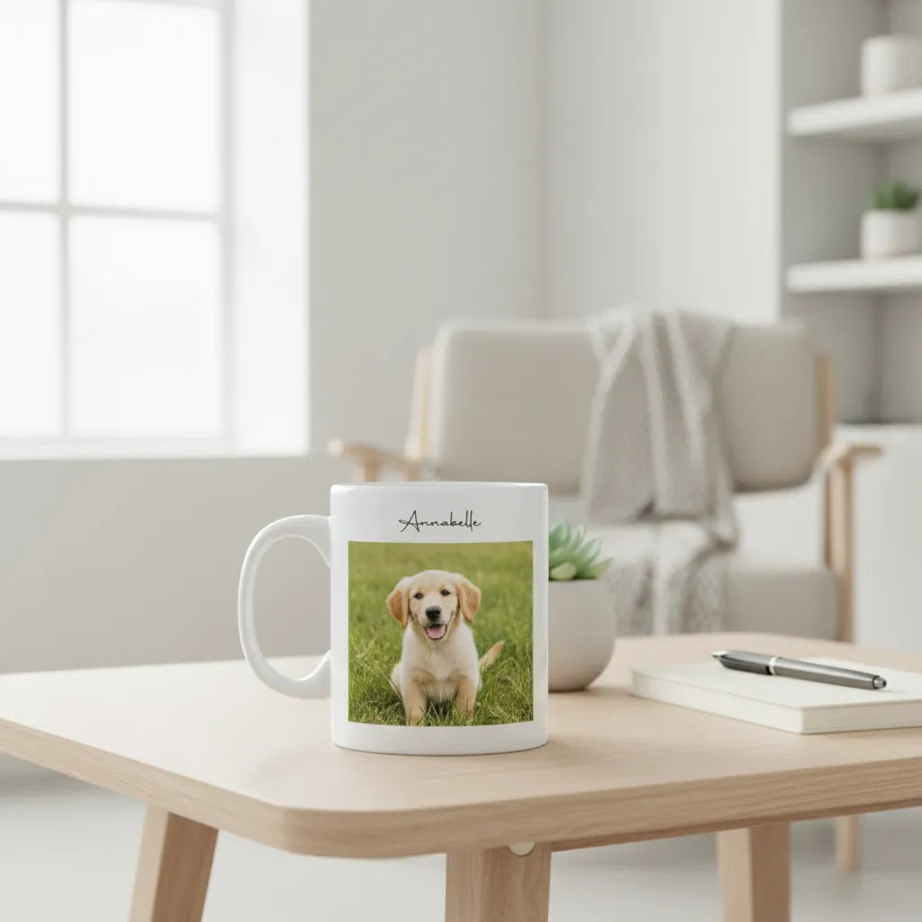 Mug with a photo of a dog on a table in a bright room