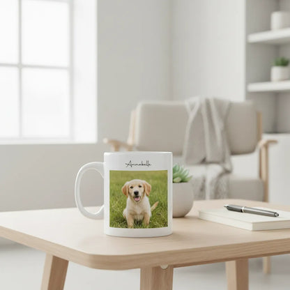 Mug with a photo of a dog on a table in a bright room