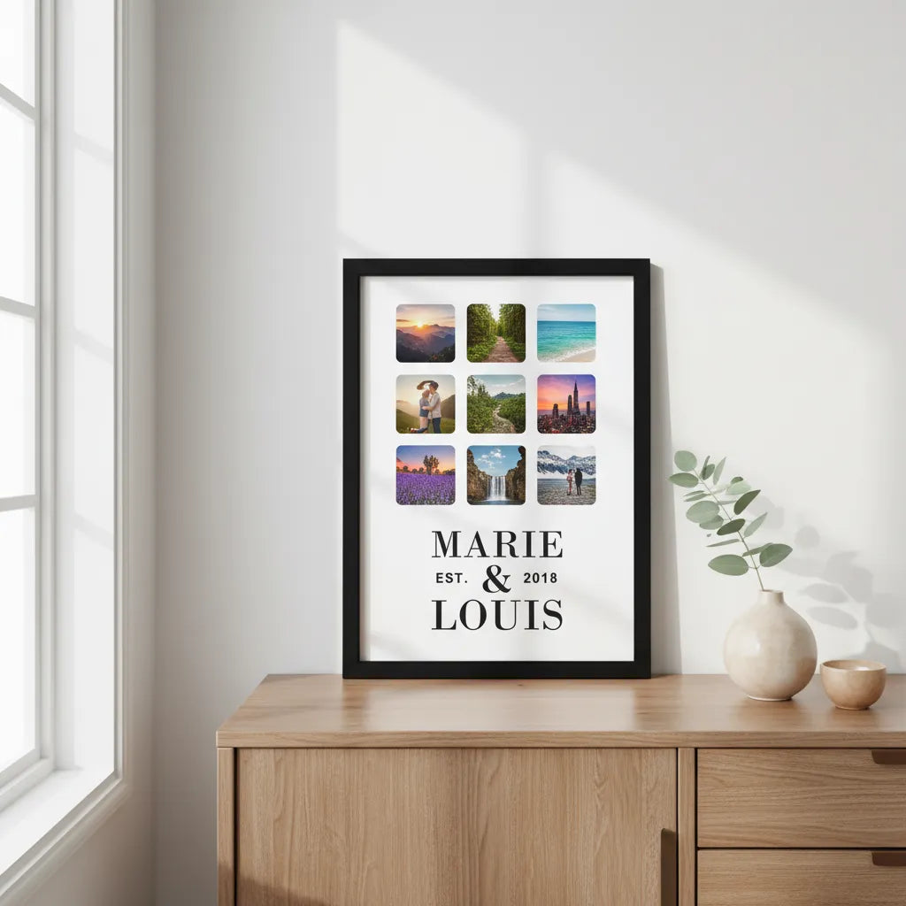 Framed collage of photos with 'MARIE & LOUIS EST. 2018' text on a wooden cabinet.