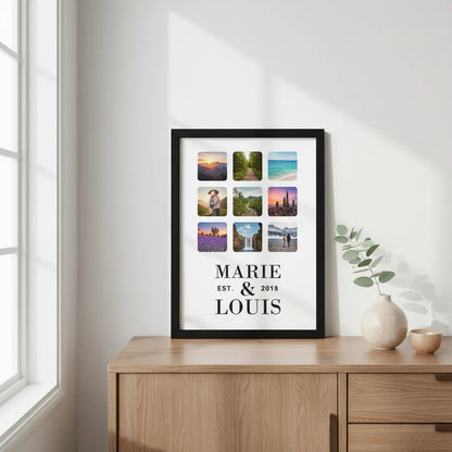 Framed collage of photos with 'MARIE & LOUIS EST. 2018' text on a wooden cabinet.