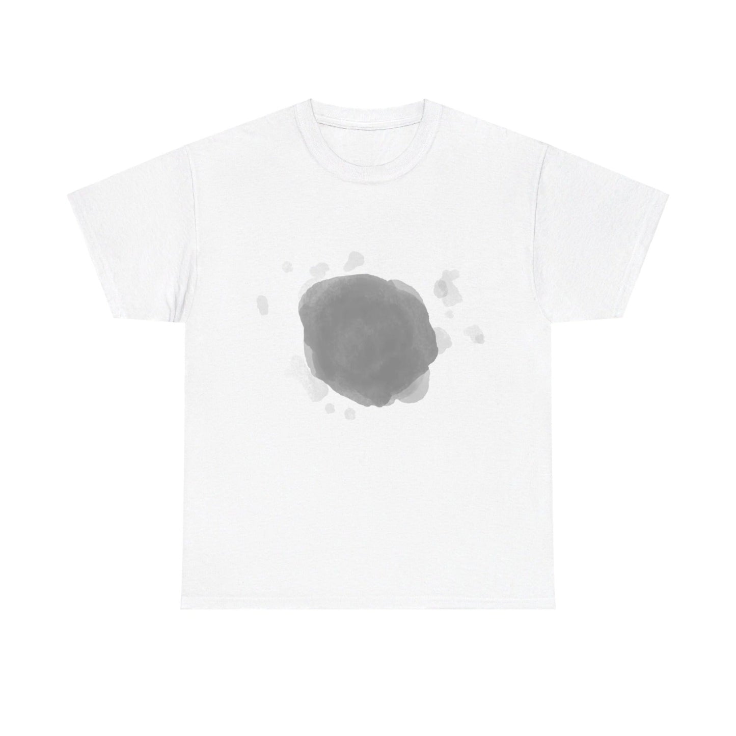 White t-shirt with a gray splatter design on a white background
