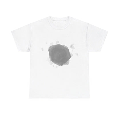White t-shirt with a gray splatter design on a white background