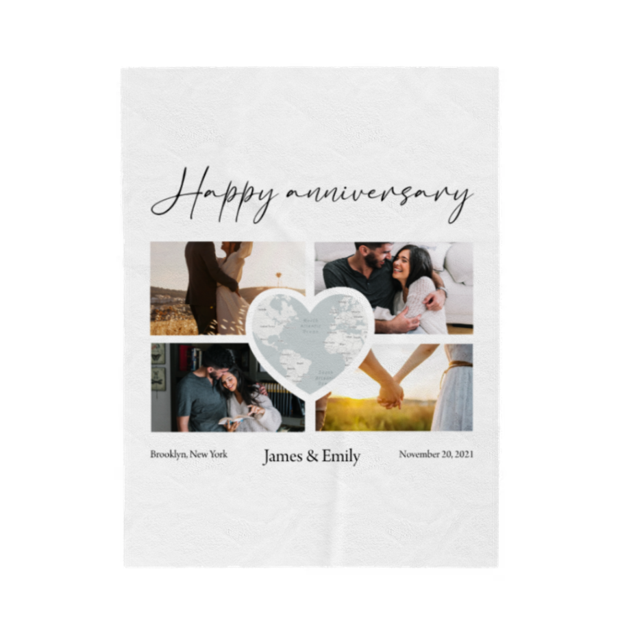 Collage of photos with 'Happy anniversary' text and a heart design on a white background