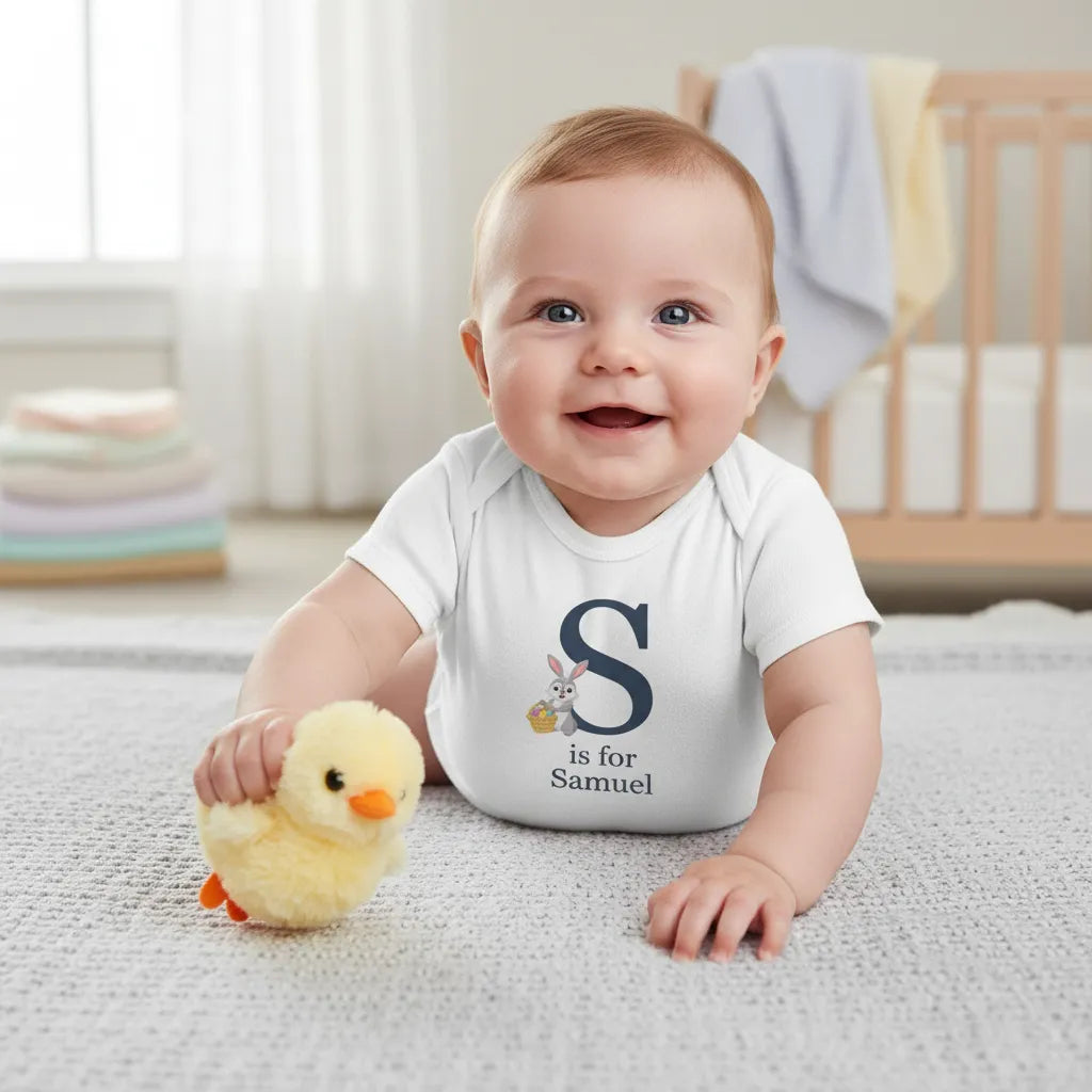 Baby wearing a white onesie with a letter 'S' and name, holding a yellow duck toy in a nursery.