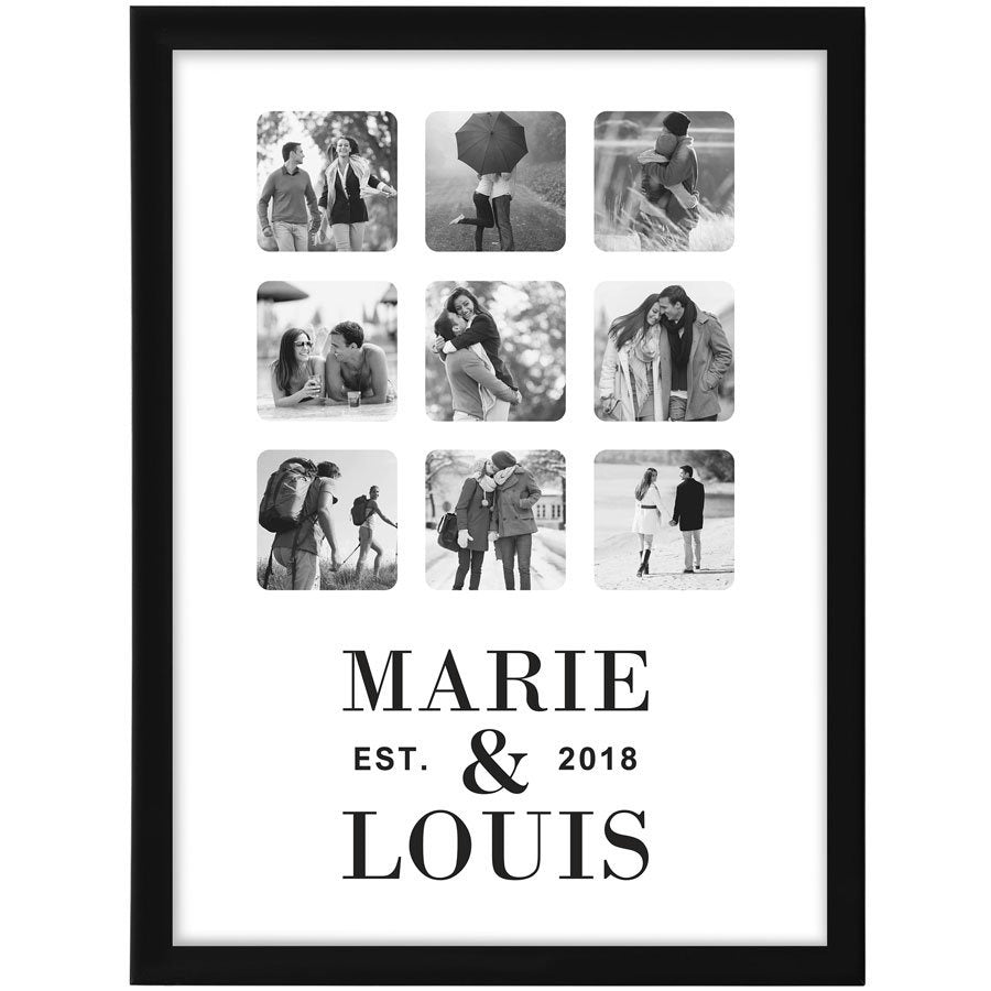 Framed collage of black and white photos with 'MARIE & LOUIS EST. 2018' text.
