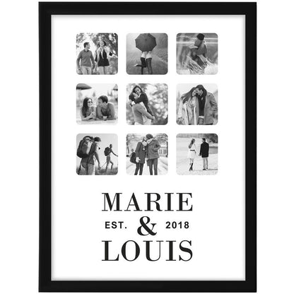 Framed collage of black and white photos with 'MARIE & LOUIS EST. 2018' text.