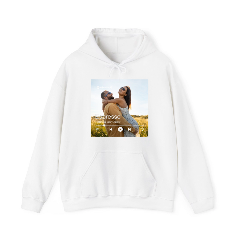 White hoodie with a graphic of a couple and text on a white background