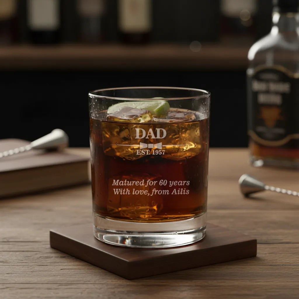 Glass of whiskey with lime garnish on a coaster, featuring engraved text, in front of a bottle of Jack Daniel's.