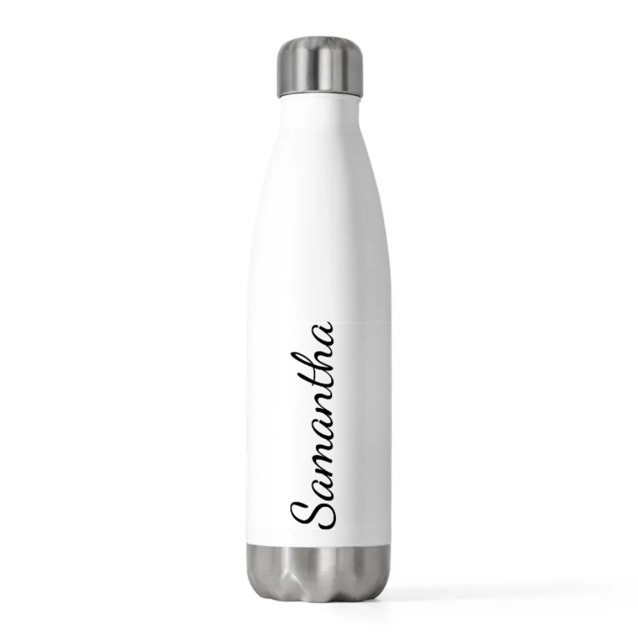 White insulated bottle with 'Samantha' printed on it against a white background