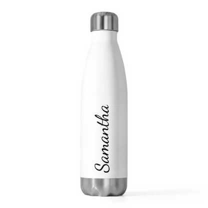 White insulated bottle with 'Samantha' printed on it against a white background