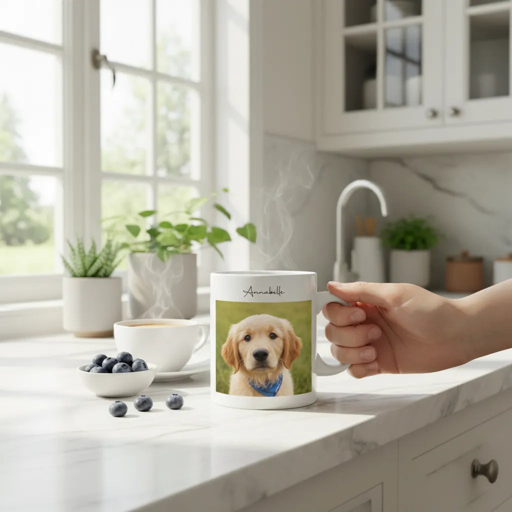 Person holding a mug with a dog photo in a kitchen