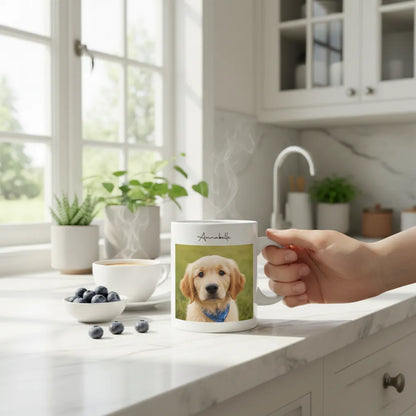 Person holding a mug with a dog photo in a kitchen