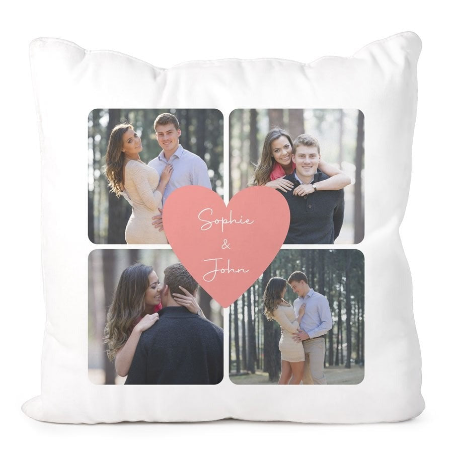 Personalized pillow with heart design and photos of a couple in a forest