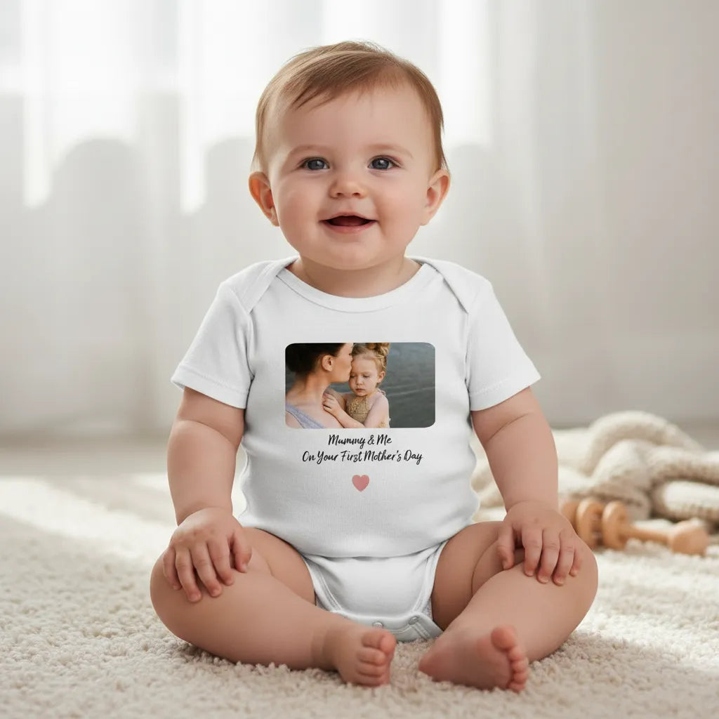 Baby wearing a white onesie with a printed design, sitting on a carpeted floor.