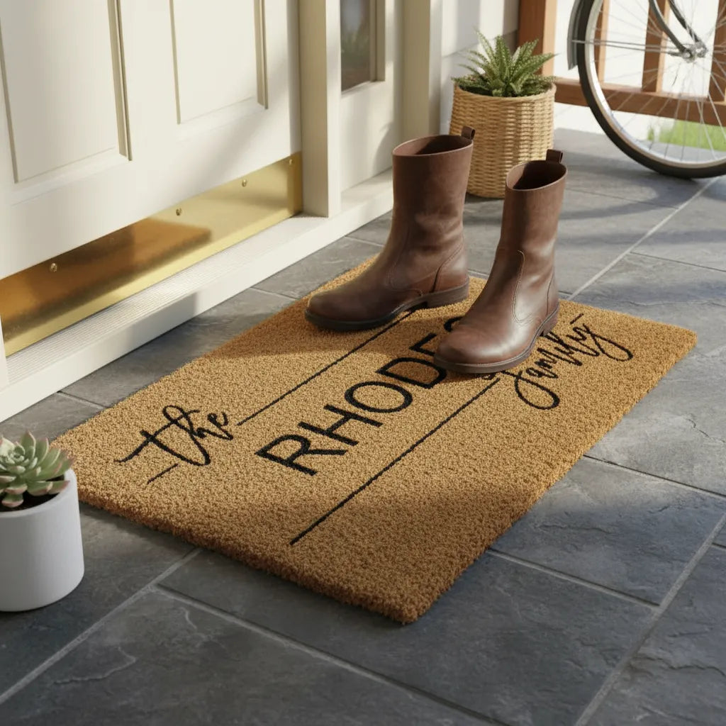 Doormat with 'The Rhode Family' text on a stone floor with brown boots and potted plants.