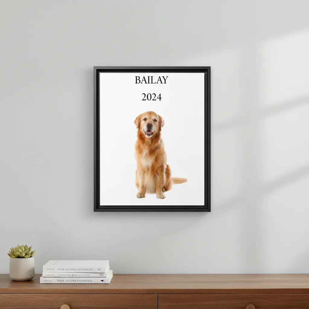 Framed picture of a dog with 'BAILAY 2024' text on a white wall.