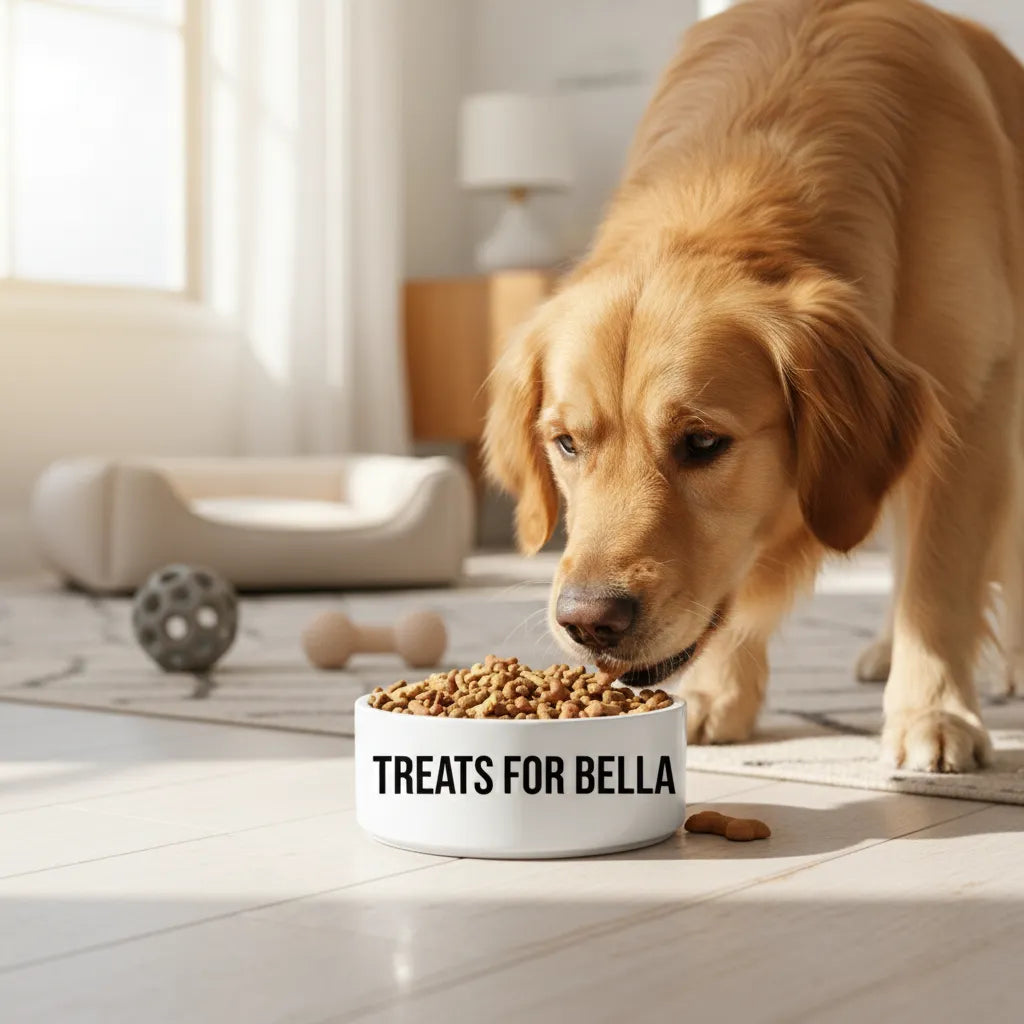 Dog eating from a bowl labeled 'TREATS FOR BELLA' in a home setting.
