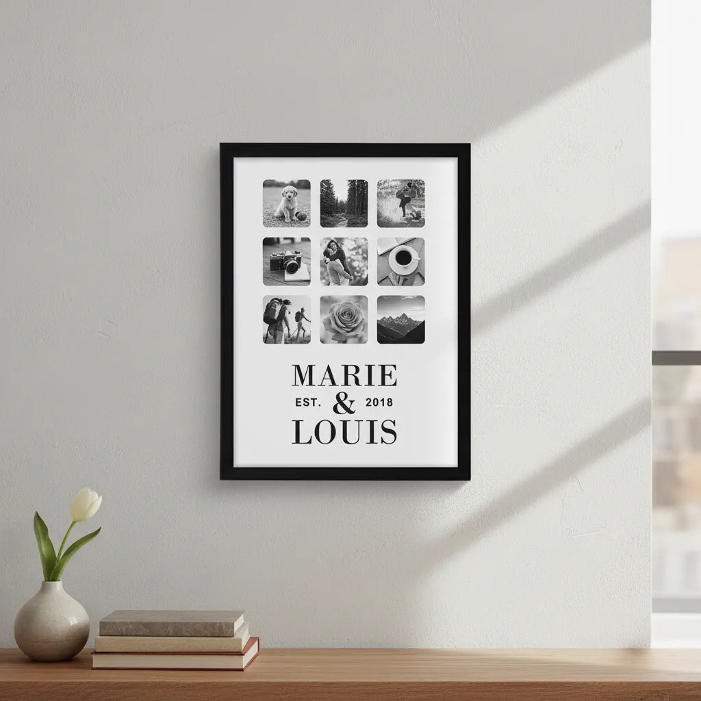 Framed artwork with 'MARIE EST. & LOUIS 2018' on a wall above a wooden surface with books and a vase.