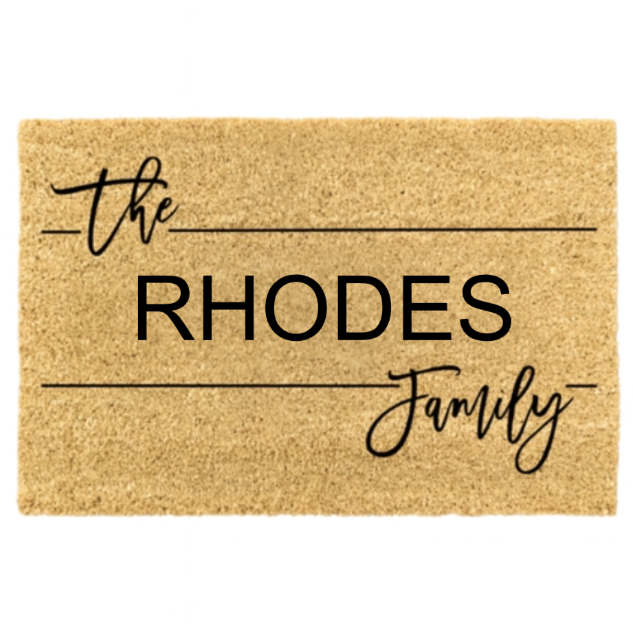 Doormat with 'the RHODES Family' text on a beige background