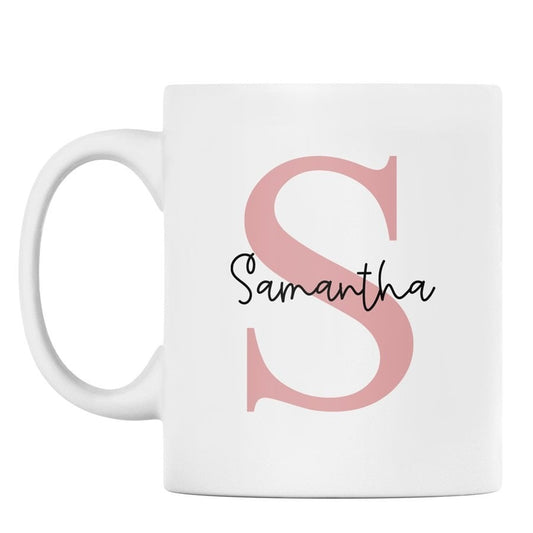 White mug with a pink 'S' and the name 'Samantha' on a white background