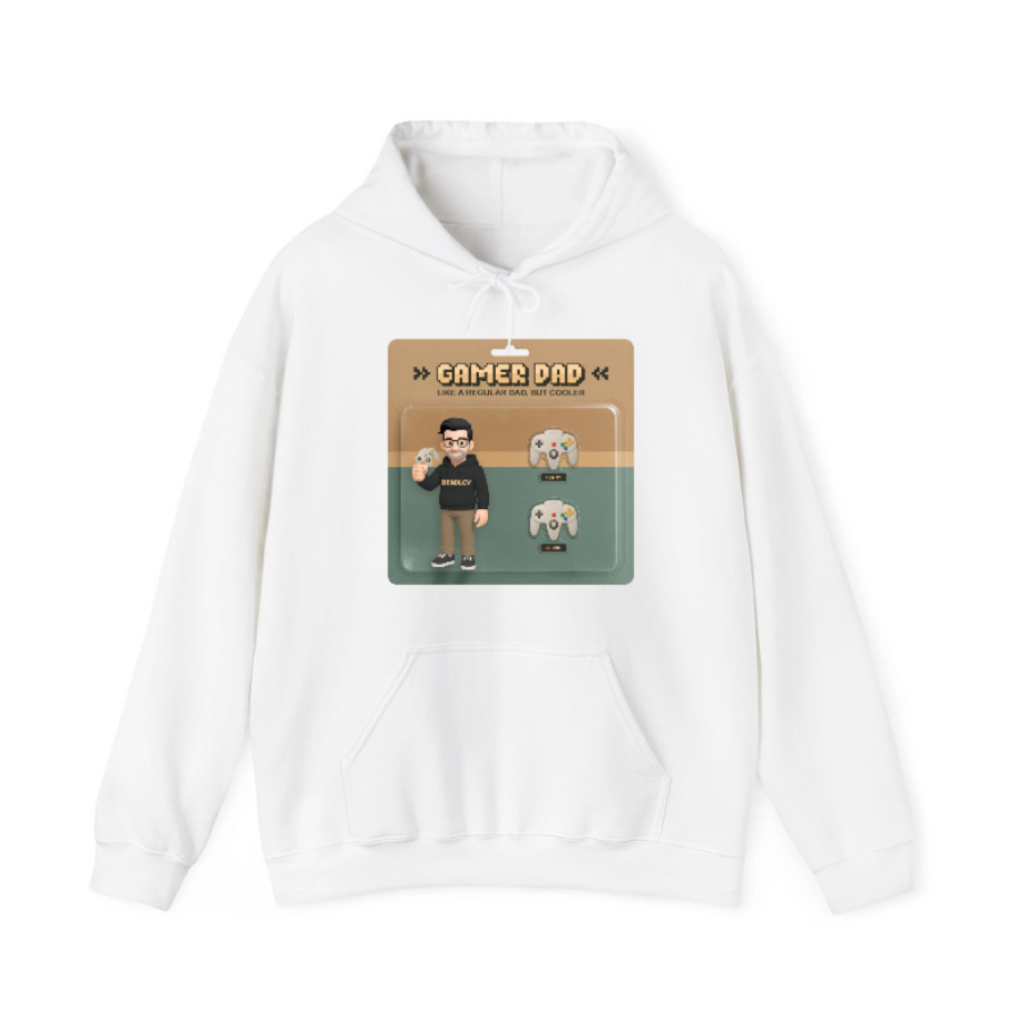 White hoodie with a graphic of 'Gamer Dad' on a white background