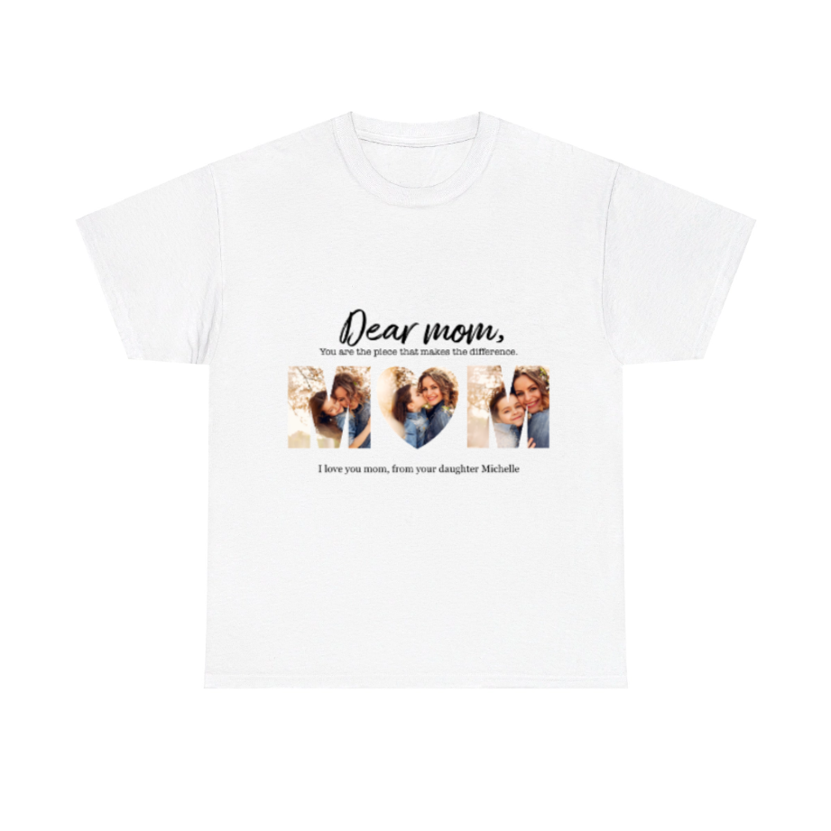White t-shirt with a personalized message and photo collage on a white background