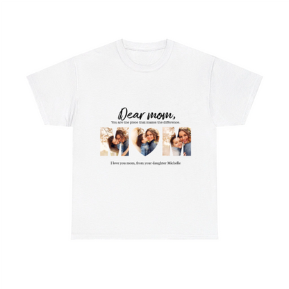 White t-shirt with a personalized message and photo collage on a white background