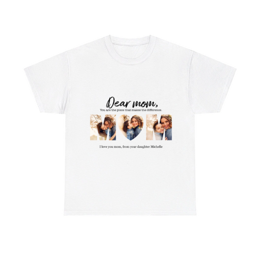 White t-shirt with a personalized message and photo collage on a white background