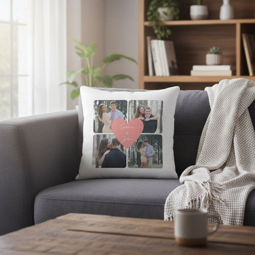 A personalized photo collage pillow featuring four couple photos and a pink heart with names displayed on a grey sofa in a cozy living room.