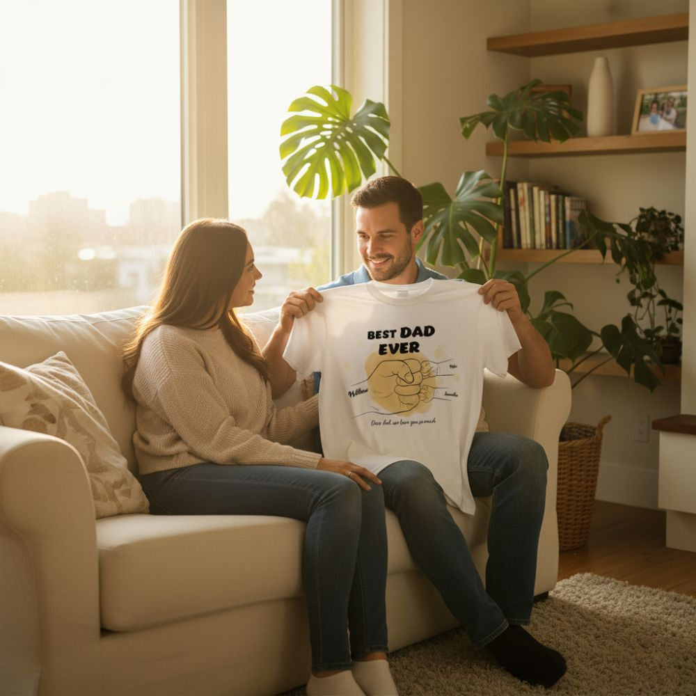 Smiling couple sitting on a couch, holding personalized Father’s Day gifts including a custom photo mug, collage card, and “Best Dad Ever” T-shirt.