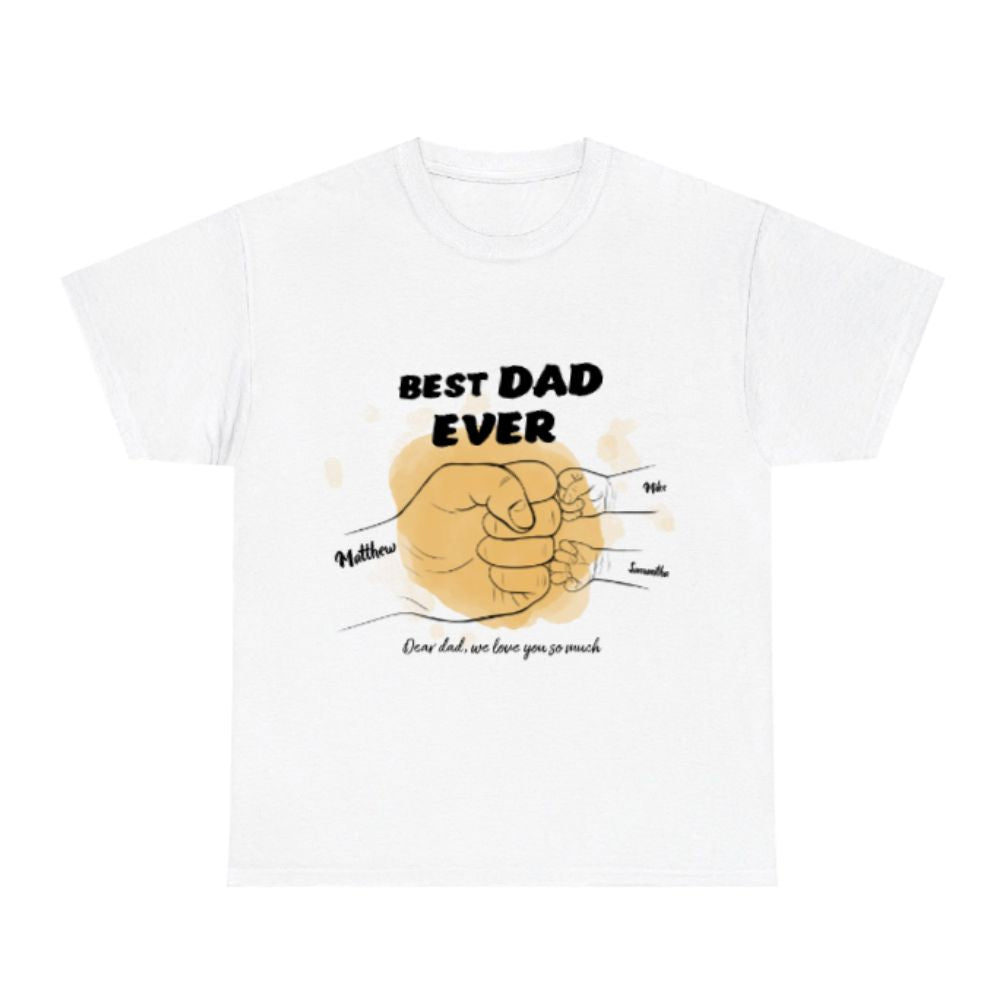 White t-shirt with 'Best Dad Ever' graphic design on a white background