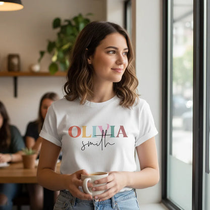 Woman holding a mug indoors, wearing a white t-shirt with 'Olivia Smith' printed on it.