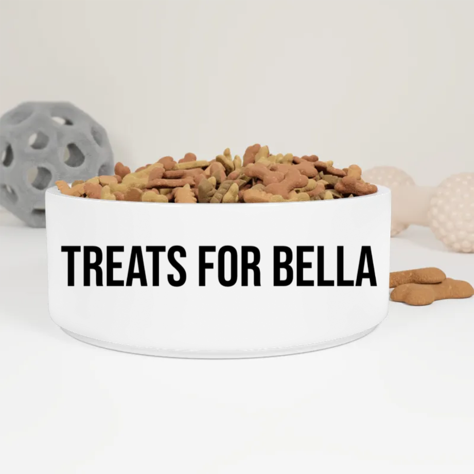 White bowl labeled 'Treats for Bella' filled with dog treats on a white background